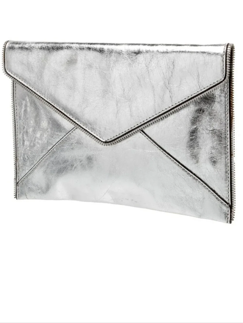 Rebecca Minkoff Silver Leather Envelope Clutch Metallic W/Zip Detail